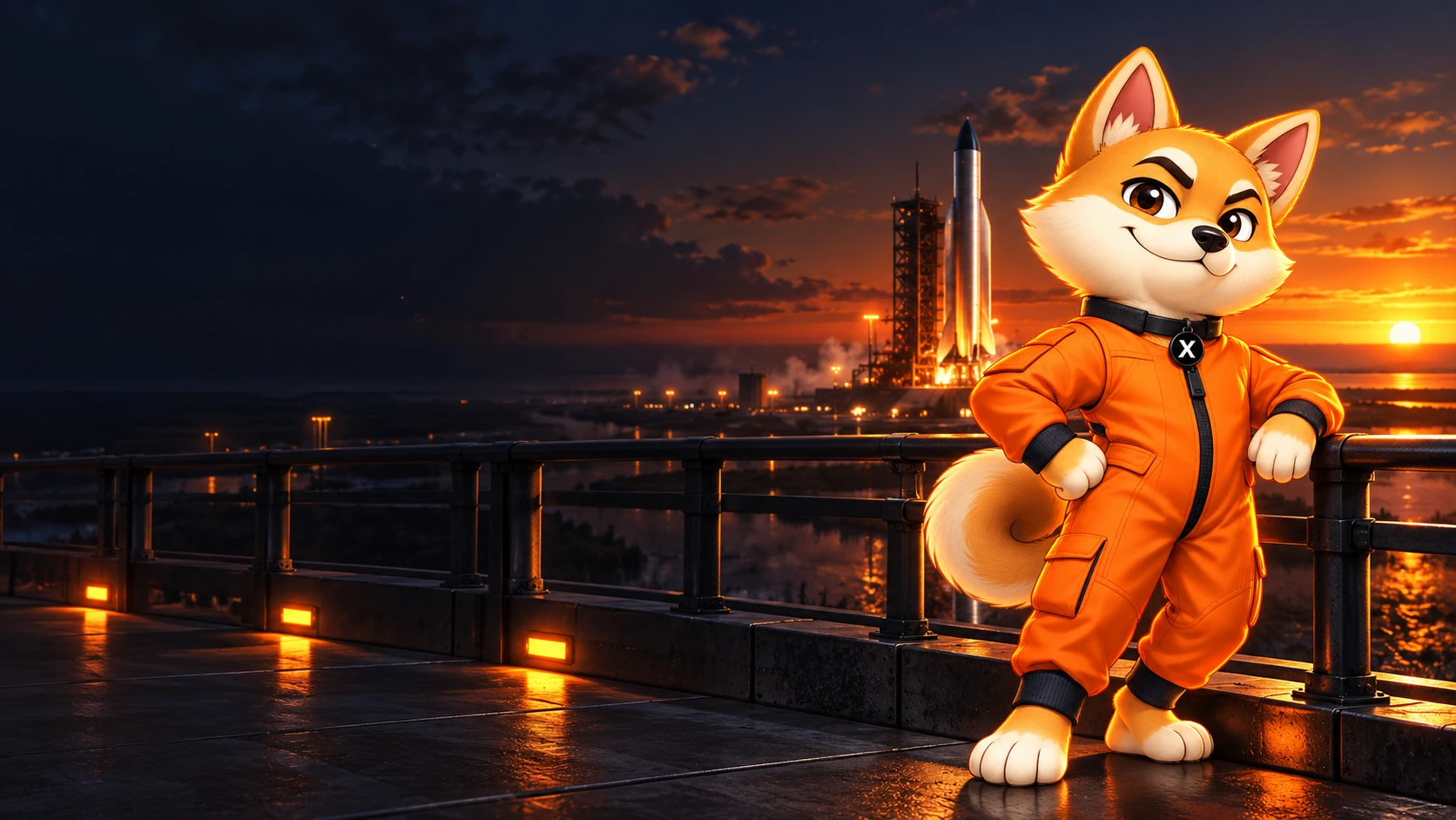 X ready for a rocket launch at sunset